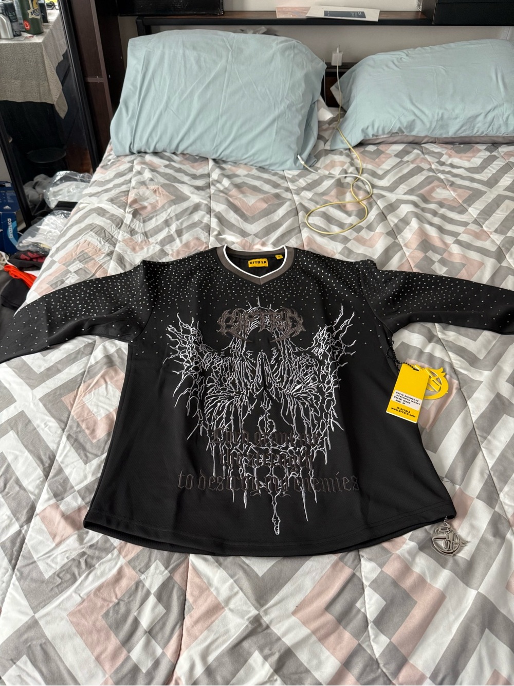 GFTDLA Black Graphic Long-Sleeve Mesh Top with Stud Details